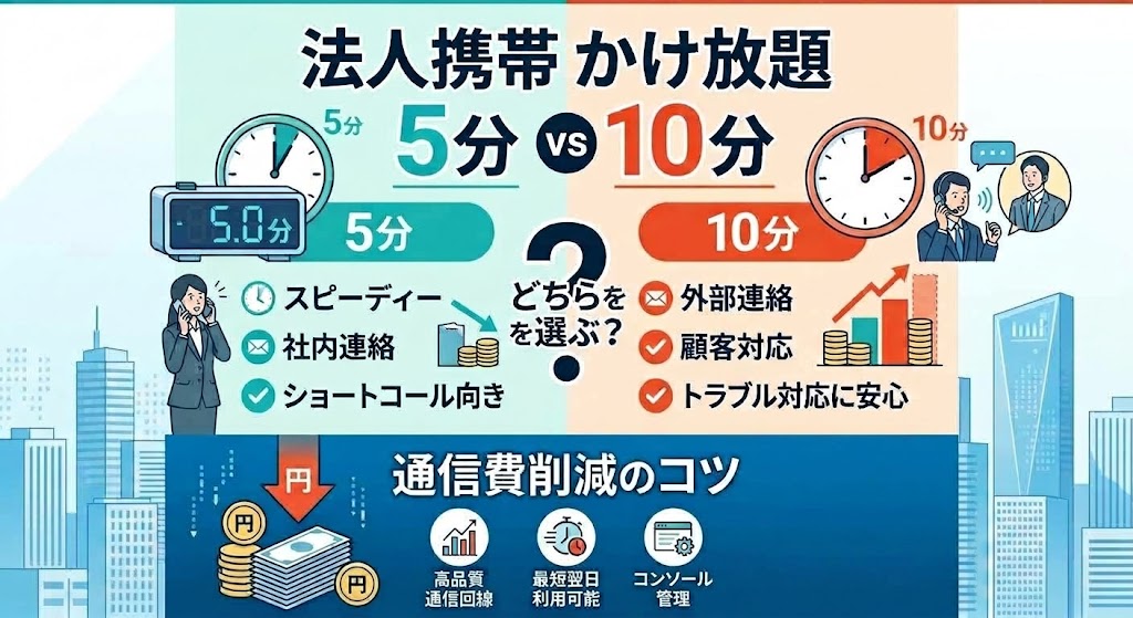 法人携帯のかけ放題は「5分」と「10分」どちらを選ぶべき？失敗しない選び方と通信費削減のコツ